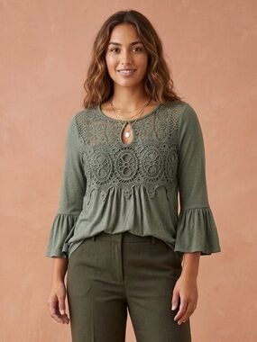 Absolutely Famous Olive Crochet Yoke Ruffle Sleeve Camisole